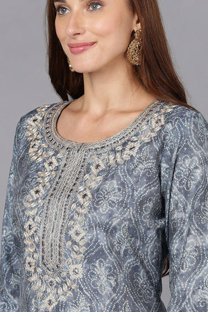 Grey Silk Blend Straight Kurti Pant With Dupatta