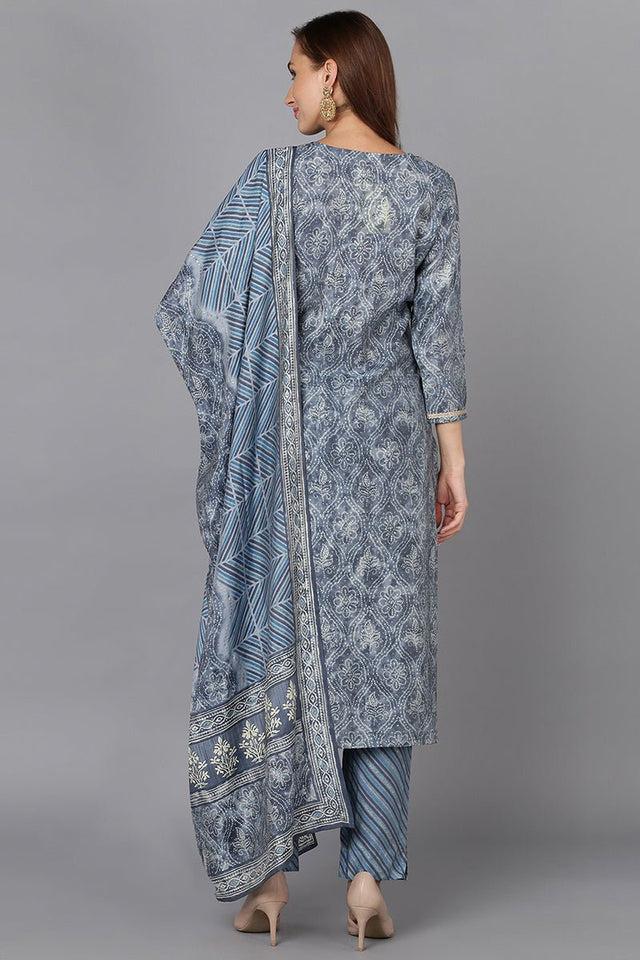 Grey Silk Blend Straight Kurti Pant With Dupatta