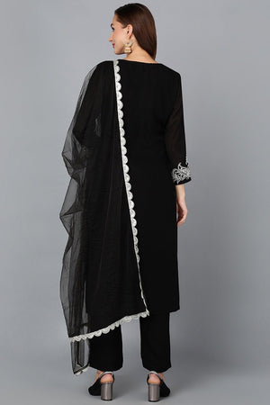 Black Silk Blend Straight Kurti Pant With Dupatta