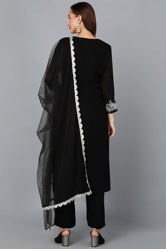 Black Silk Blend Straight Kurti Pant With Dupatta
