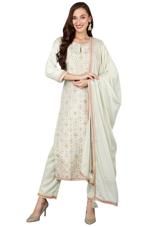 Green Silk Blend Straight Woven Design Kurti Pant With Dupatta