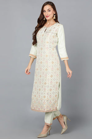 Green Silk Blend Straight Woven Design Kurti Pant With Dupatta