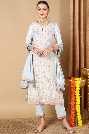 Blue Silk Blend Straight Woven Design Kurti Pant With Dupatta