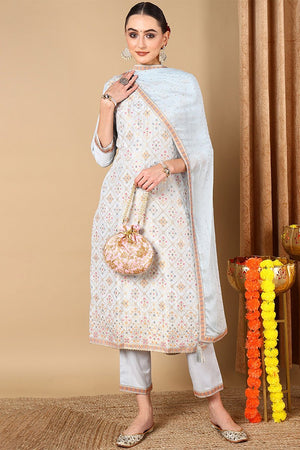 Blue Silk Blend Straight Woven Design Kurti Pant With Dupatta