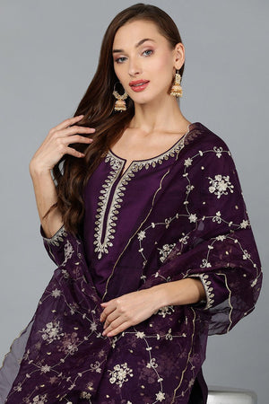Purple Silk Blend Straight Kurti Pant With Dupatta