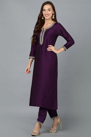 Purple Silk Blend Straight Kurti Pant With Dupatta