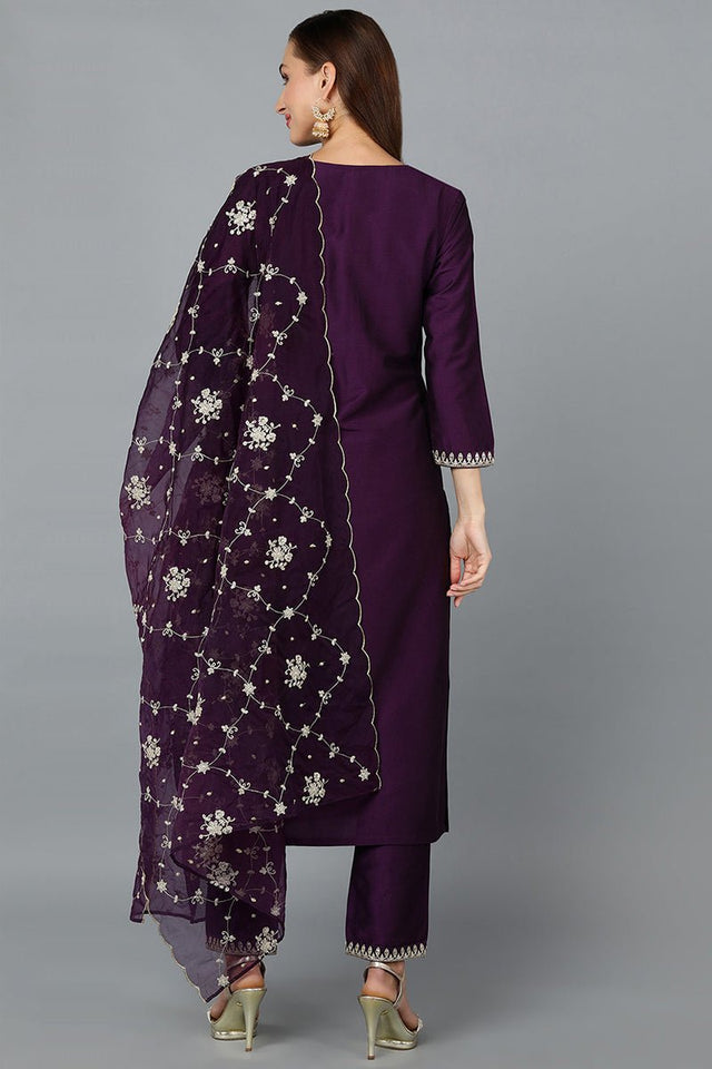 Purple Silk Blend Straight Kurti Pant With Dupatta