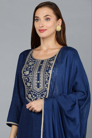 Blue Silk Blend Straight Yoke Design Kurti Pant With Dupatta