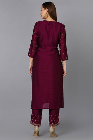Wine Silk Blend Embroidered Kurti With Pant