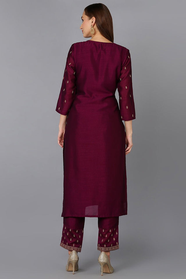 Wine Silk Blend Embroidered Kurti With Pant