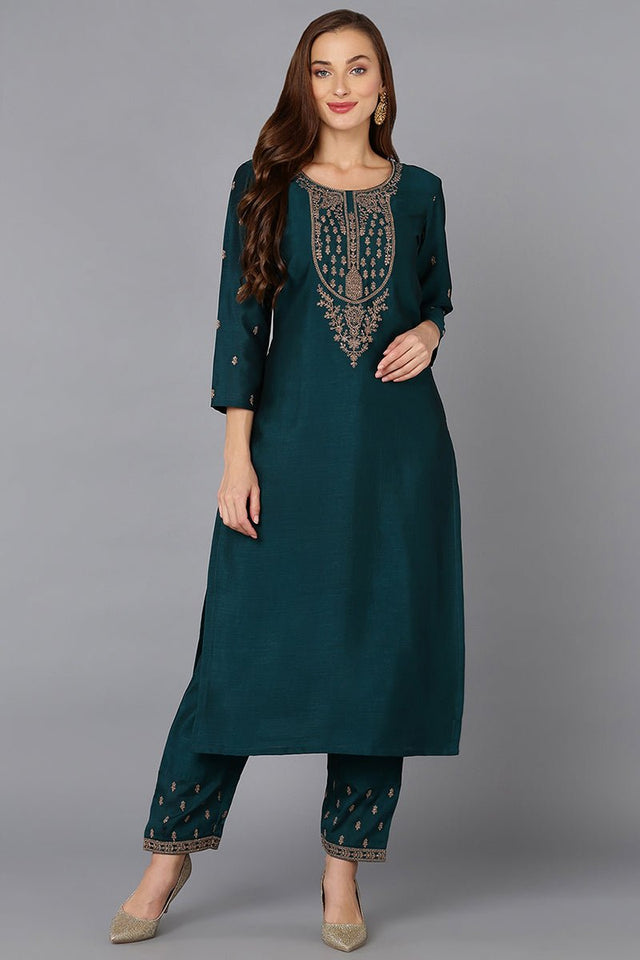 Green Silk Blend Embroidered Kurti With Pant