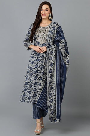 Blue Cotton Blend Straight Printed Kurti Pant With Dupatta