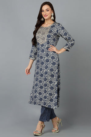 Blue Cotton Blend Straight Printed Kurti Pant With Dupatta