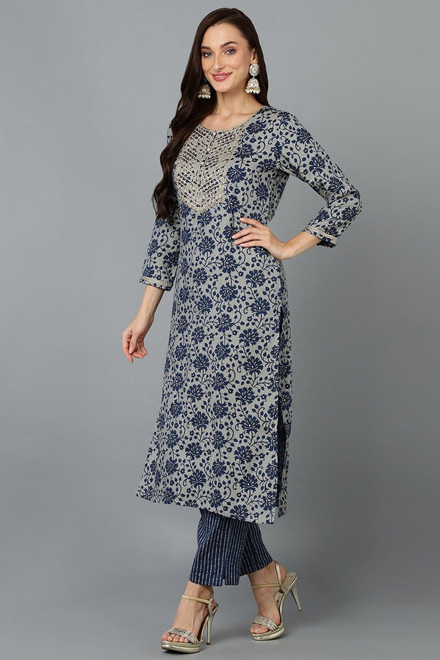 Blue Cotton Blend Straight Printed Kurti Pant With Dupatta