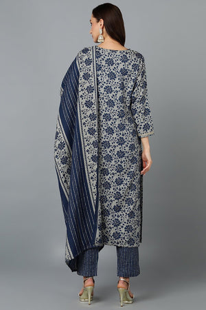 Blue Cotton Blend Straight Printed Kurti Pant With Dupatta