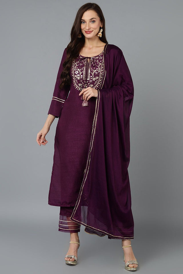 Purple Silk Blend Embroidered Straight Kurti Pant With Dupatta