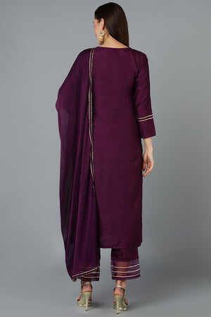 Purple Silk Blend Embroidered Straight Kurti Pant With Dupatta