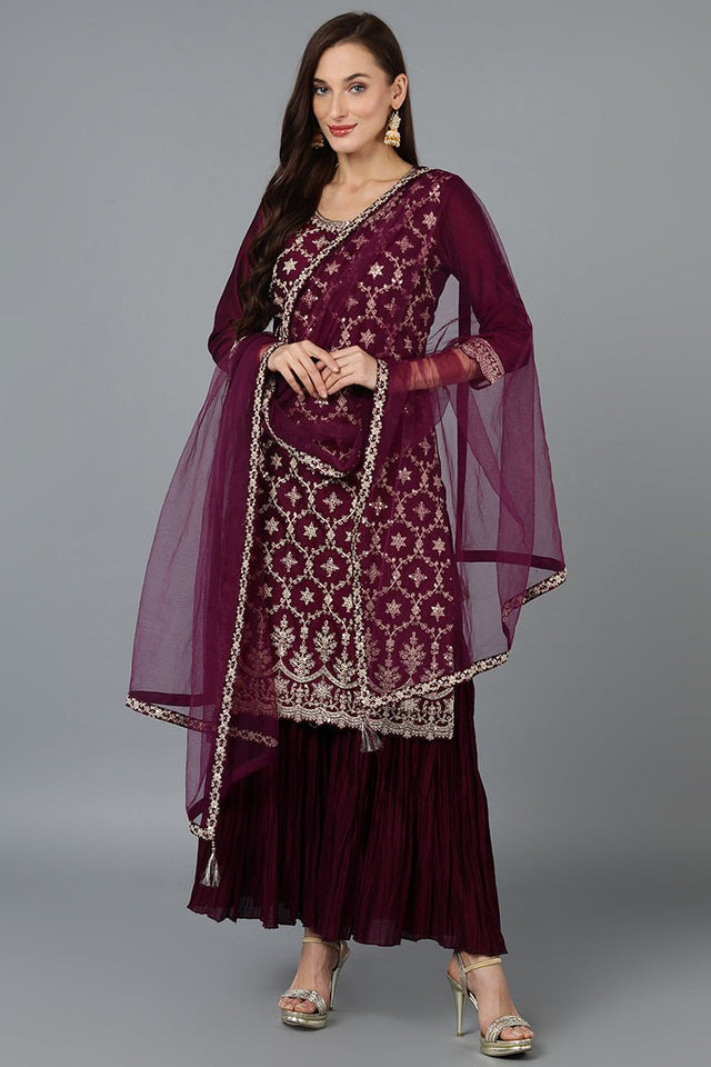 Maroon Silk Blend Embroidered Straight Sharara Suit Set