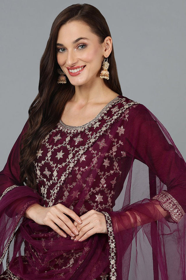 Maroon Silk Blend Embroidered Straight Sharara Suit Set