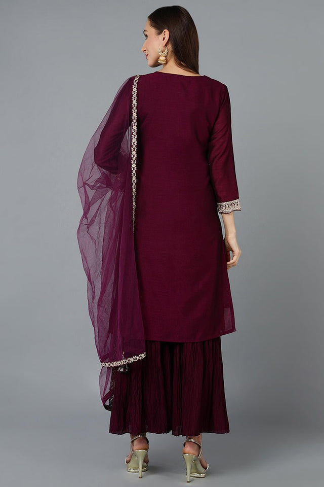 Maroon Silk Blend Embroidered Straight Sharara Suit Set