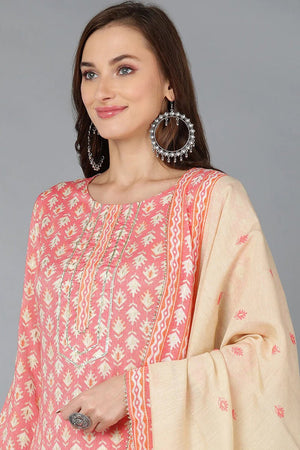 Pink Cotton Printed Kurti Pant Dupatta Set