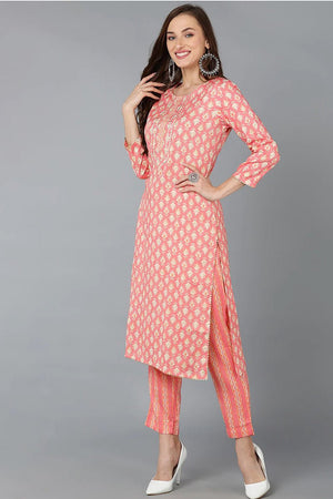 Pink Cotton Printed Kurti Pant Dupatta Set