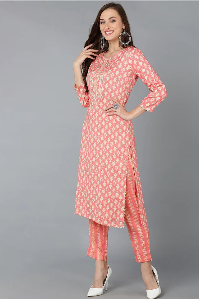 Pink Cotton Printed Kurti Pant Dupatta Set
