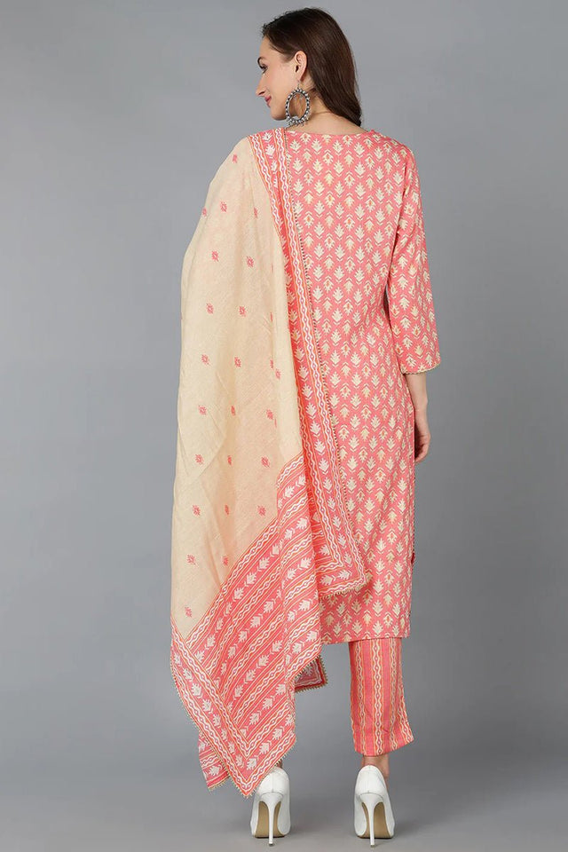 Pink Cotton Printed Kurti Pant Dupatta Set