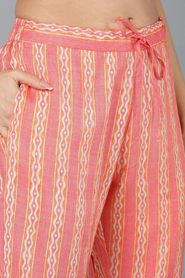 Pink Cotton Printed Kurti Pant Dupatta Set