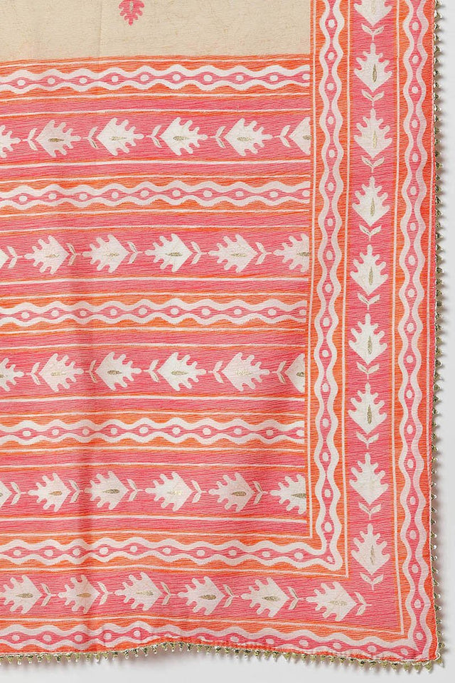Pink Cotton Printed Kurti Pant Dupatta Set