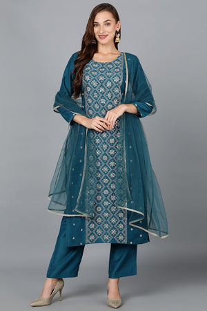 Teal Silk Blend Blue Festive Wear Suit Set