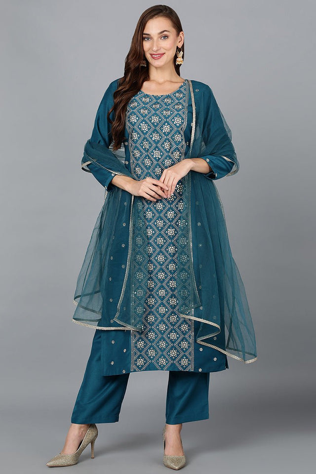 Teal Silk Blend Blue Festive Wear Suit Set