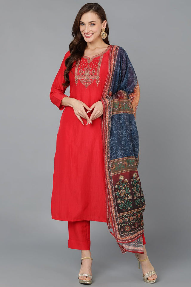 Red Silk Blend Embroidered Straight Kurti Pant With Dupatta
