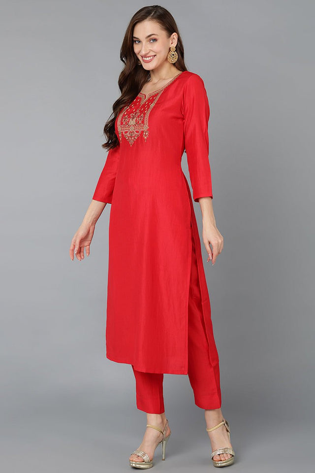Red Silk Blend Embroidered Straight Kurti Pant With Dupatta