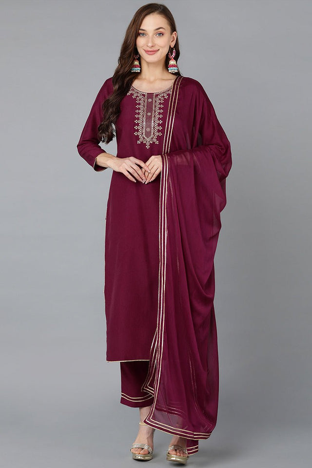 Burgundy Silk Blend Embroidered Straight Kurti Pant With Dupatta