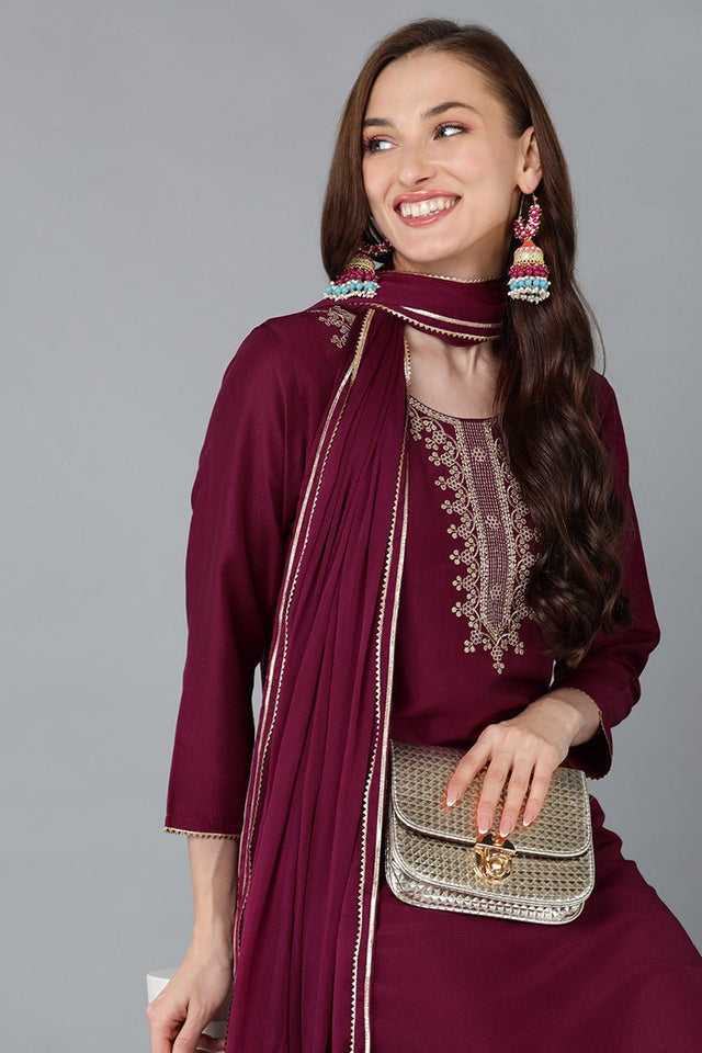 Burgundy Silk Blend Embroidered Straight Kurti Pant With Dupatta