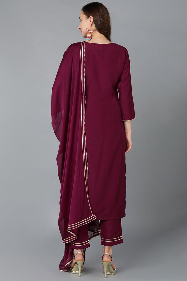 Burgundy Silk Blend Embroidered Straight Kurti Pant With Dupatta