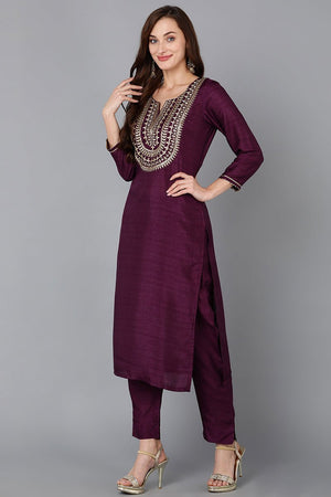 Purple Silk Blend Embroidered Straight Kurti Pant With Dupatta