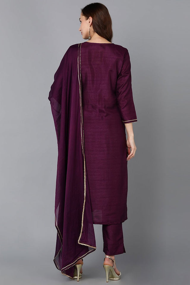 Purple Silk Blend Embroidered Straight Kurti Pant With Dupatta