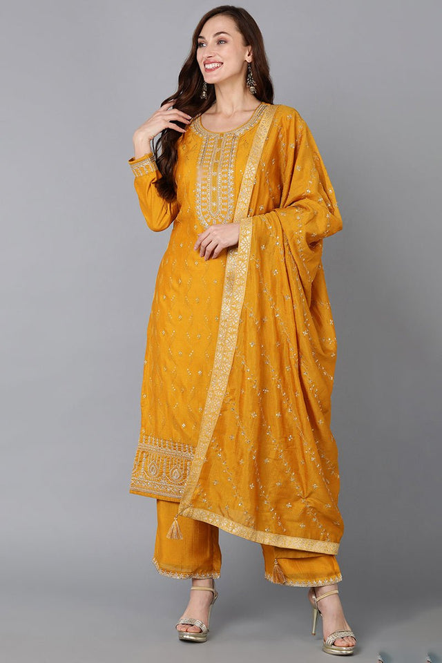Mustard Silk Blend Embroidered Straight Kurti Pant With Dupatta