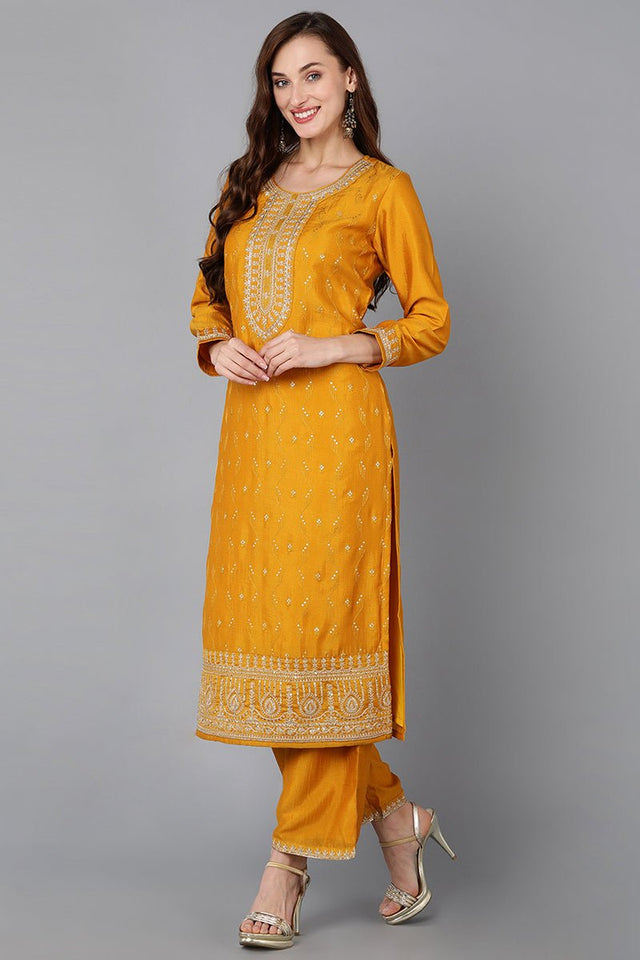 Mustard Silk Blend Embroidered Straight Kurti Pant With Dupatta
