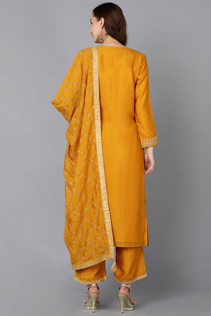 Mustard Silk Blend Embroidered Straight Kurti Pant With Dupatta