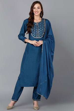 Teal Silk Blend Embroidered Straight Kurti Pant With Dupatta