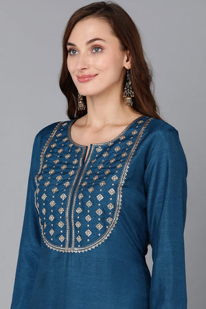 Teal Silk Blend Embroidered Straight Kurti Pant With Dupatta