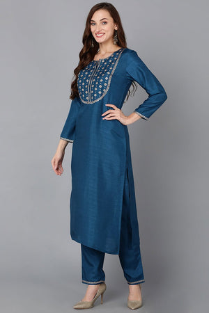 Teal Silk Blend Embroidered Straight Kurti Pant With Dupatta