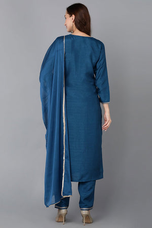 Teal Silk Blend Embroidered Straight Kurti Pant With Dupatta