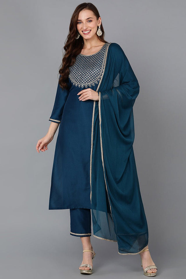 Teal Silk Blend Embroidered Straight Kurti Pant With Dupatta