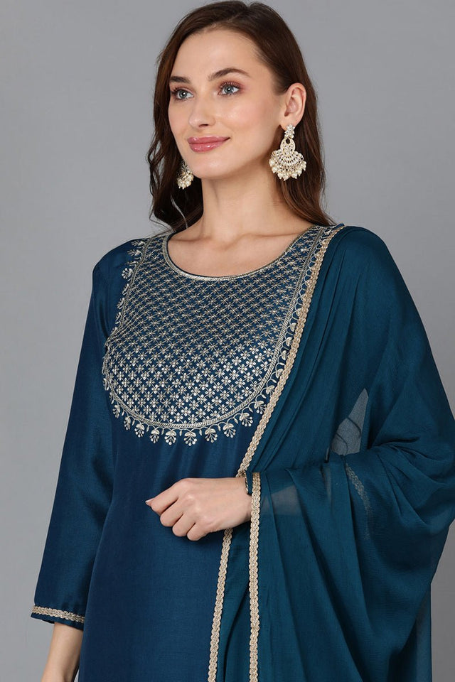 Teal Silk Blend Embroidered Straight Kurti Pant With Dupatta