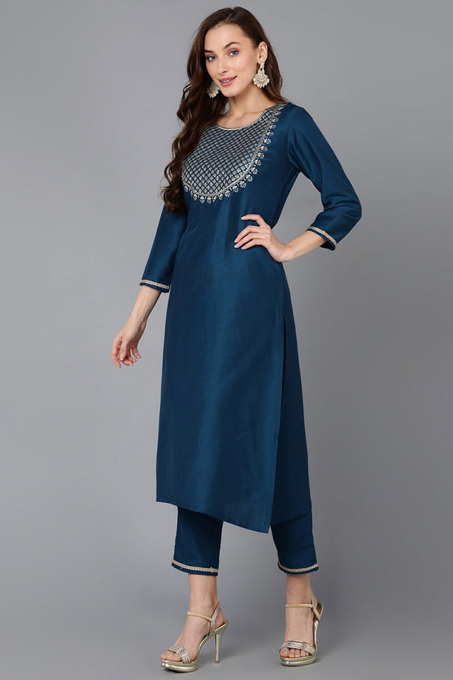 Teal Silk Blend Embroidered Straight Kurti Pant With Dupatta