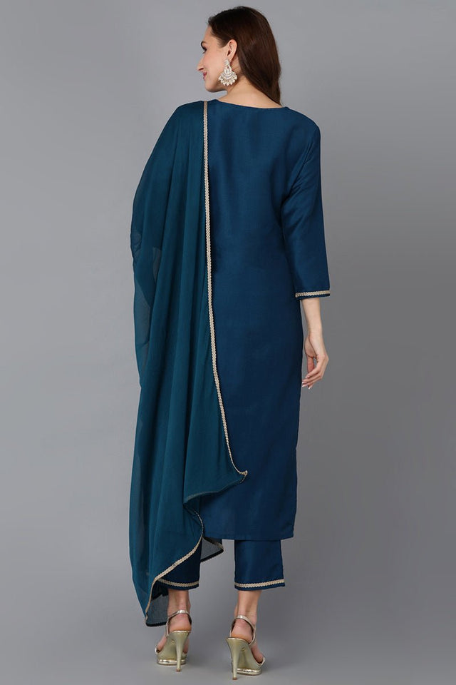 Teal Silk Blend Embroidered Straight Kurti Pant With Dupatta